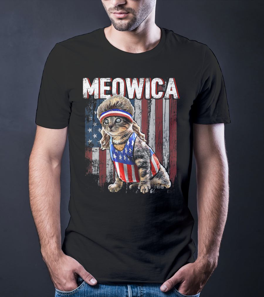 Meowica Cat Mullet American Flag Patriotic Kitten In Stars And Stripes Vest And Headband In Front Of American Flag T-Shirt