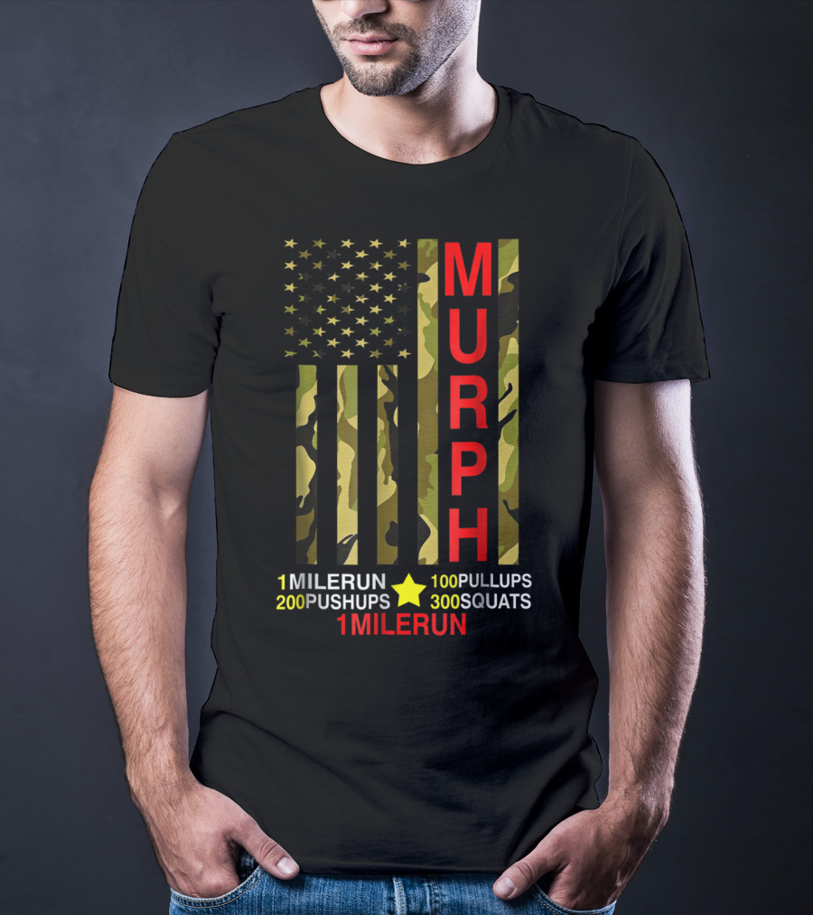 Murph Challenge Memorial Day Workout 1 Mile Run 100 Pullups 200 Pushups 300 Squats Camo Flag T-Shirt