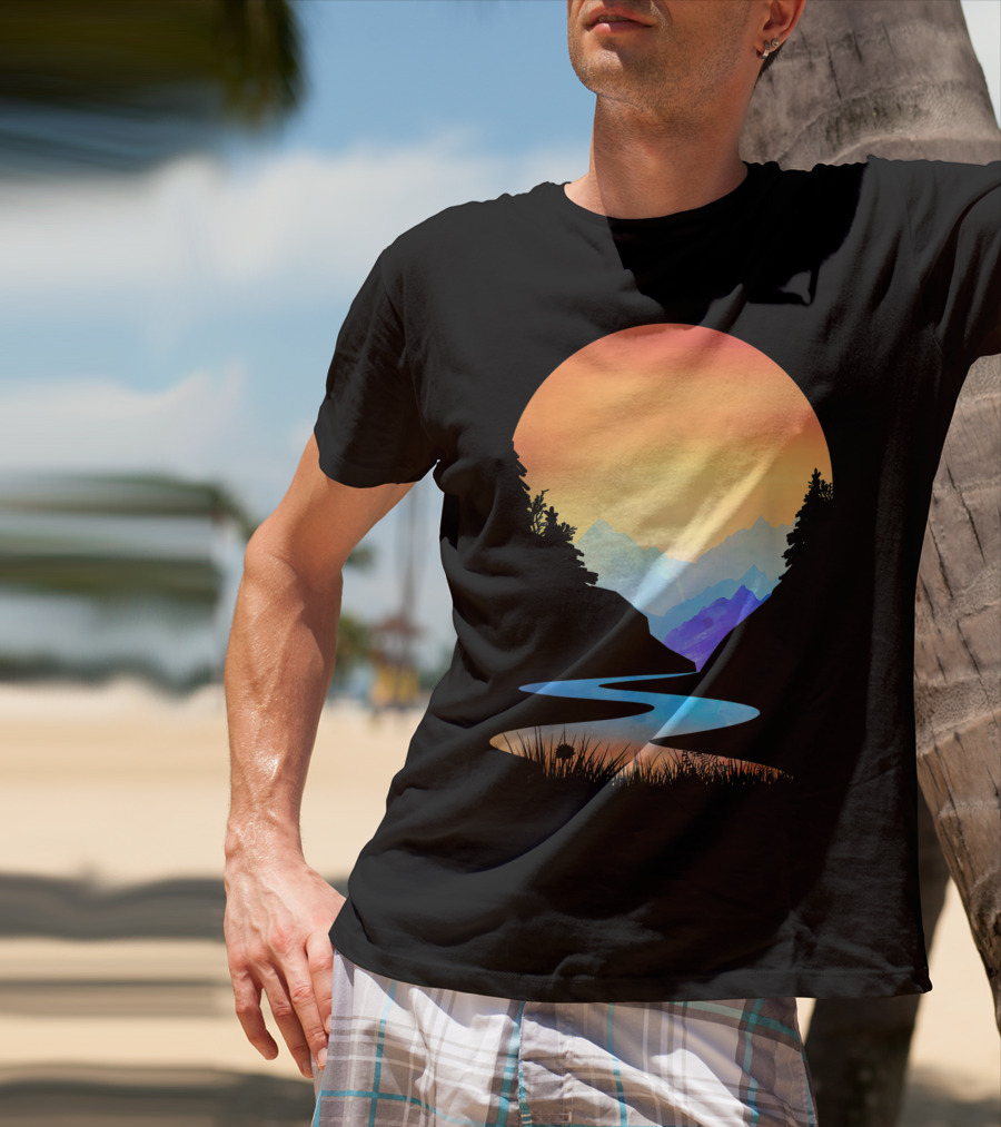 Outdoor Sunset Vintage Style Mountains Sun Nature River Landscape T-Shirt