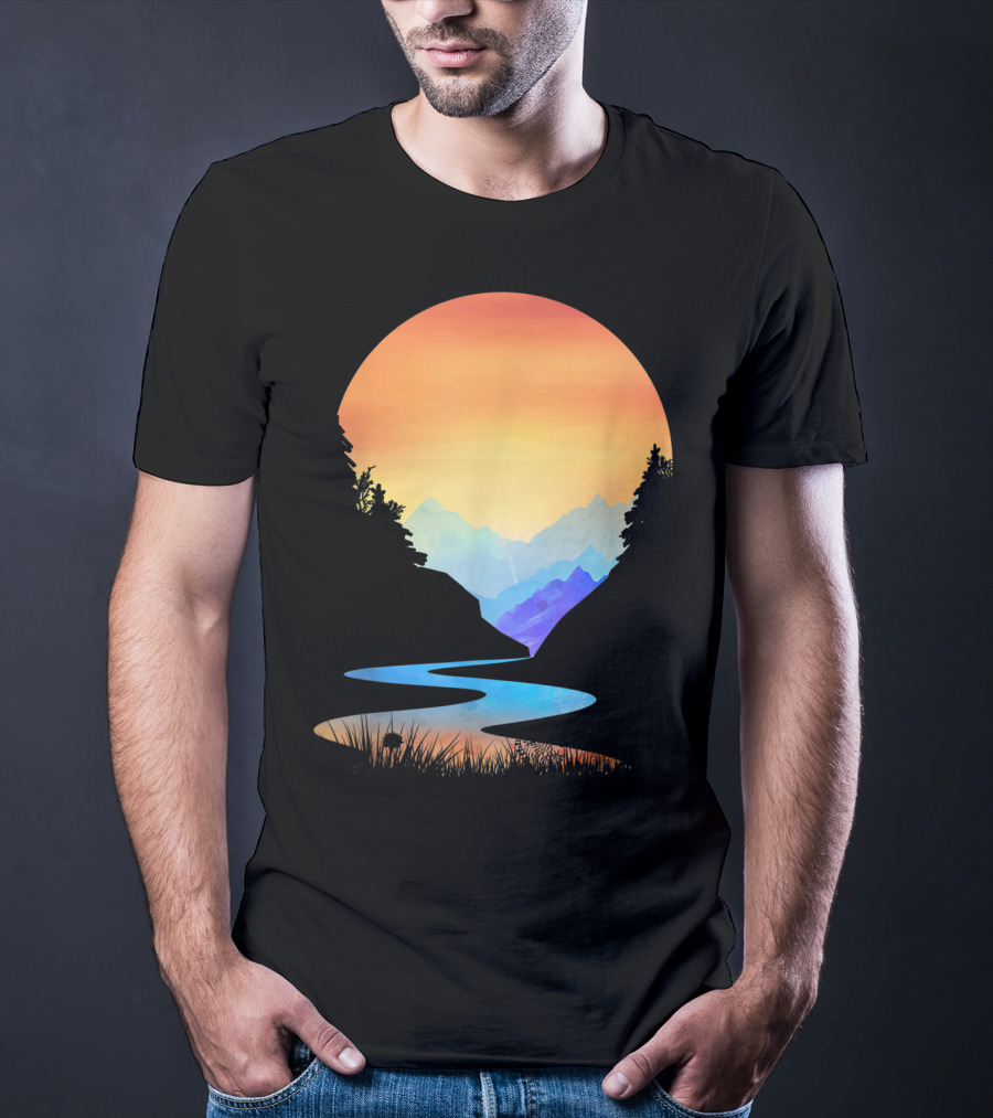 Outdoor Sunset Vintage Style Mountains Sun Nature River Landscape T-Shirt