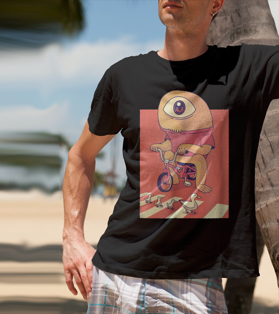 Vintage Japanese Cyclops Riding Bicycle With Ducklings Crossing T-Shirt