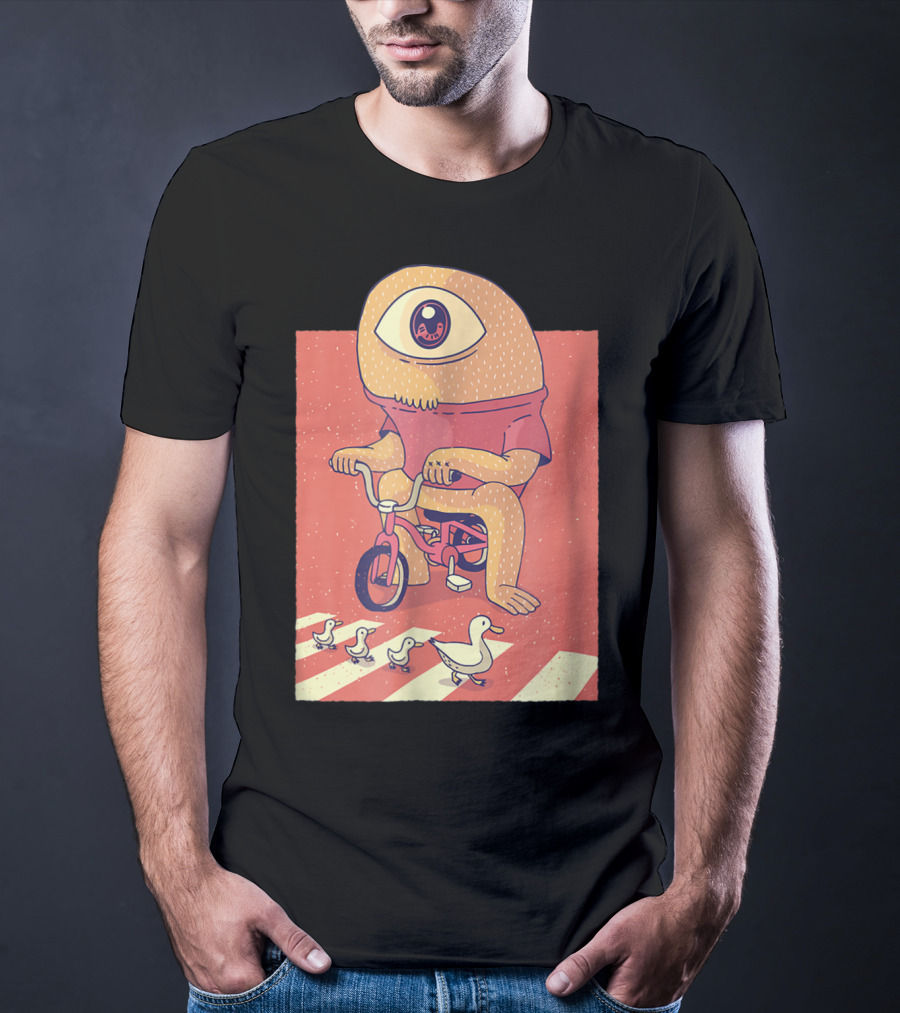 Vintage Japanese Cyclops Riding Bicycle With Ducklings Crossing T-Shirt