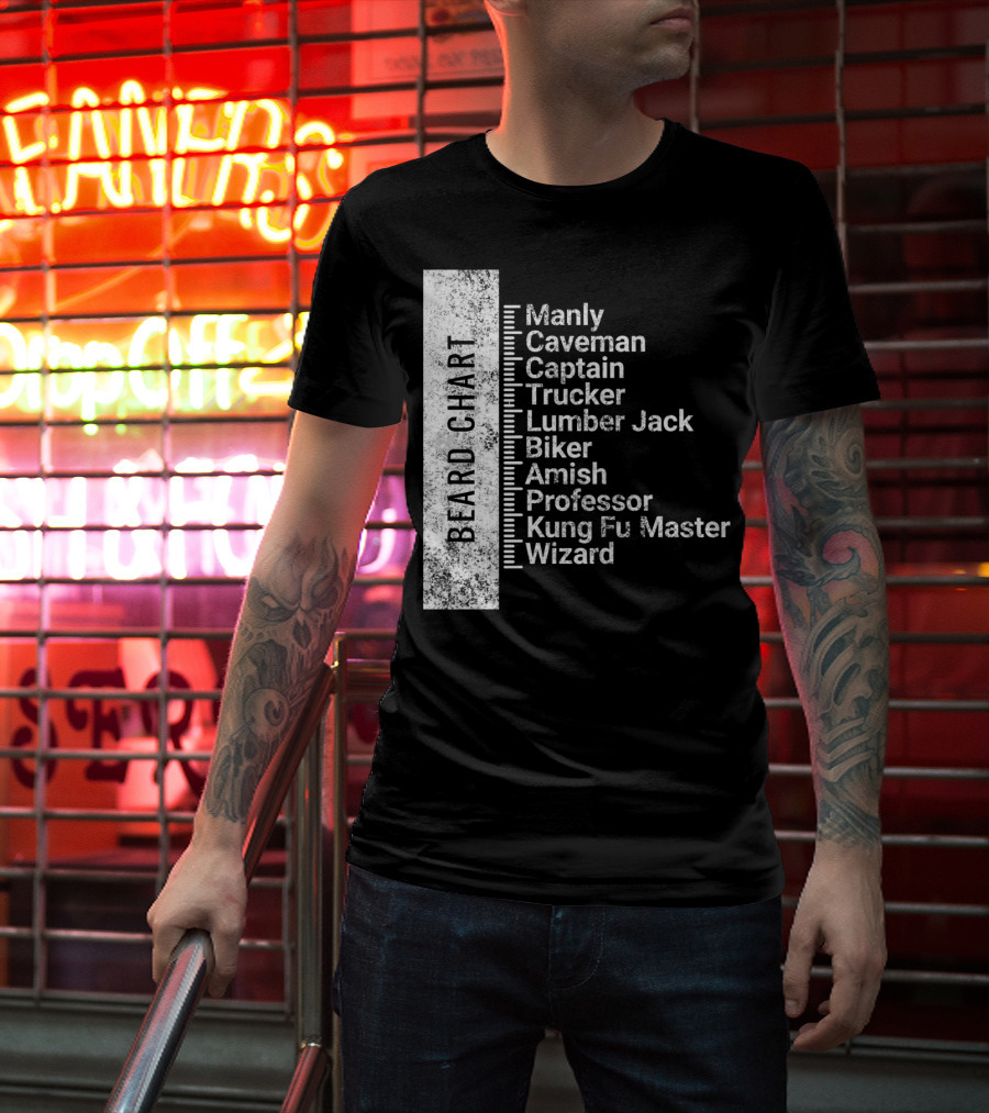 Beard Chart Manly Caveman Captain Trucker Lumberjack Biker Amish Professor Kung Fu Master Wizard T-Shirt