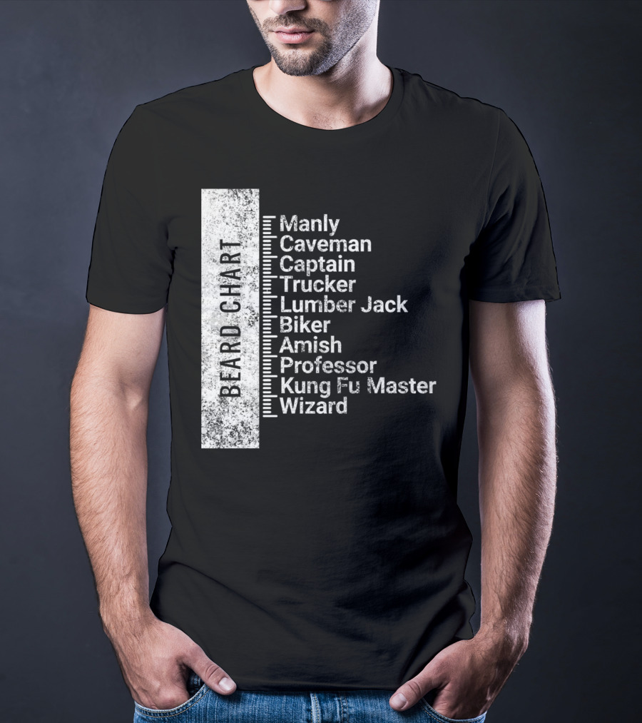 Beard Chart Manly Caveman Captain Trucker Lumberjack Biker Amish Professor Kung Fu Master Wizard T-Shirt