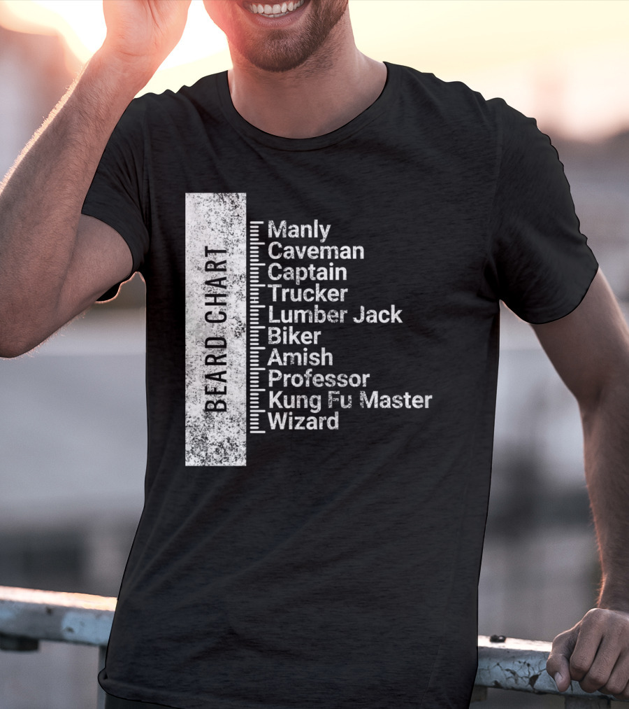 Beard Chart Manly Caveman Captain Trucker Lumberjack Biker Amish Professor Kung Fu Master Wizard T-Shirt