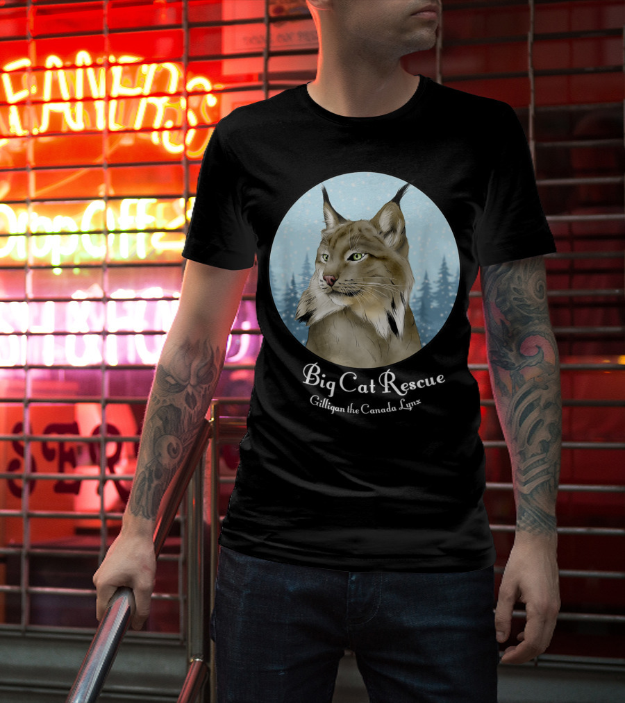 Big Cat Rescue Gilligan The Canada Lynx Snowy Forest Background T-Shirt