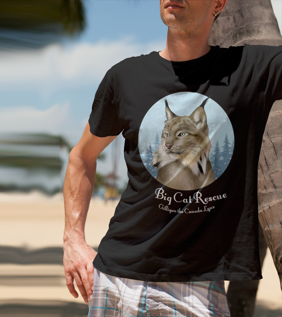 Big Cat Rescue Gilligan The Canada Lynx Snowy Forest Background T-Shirt