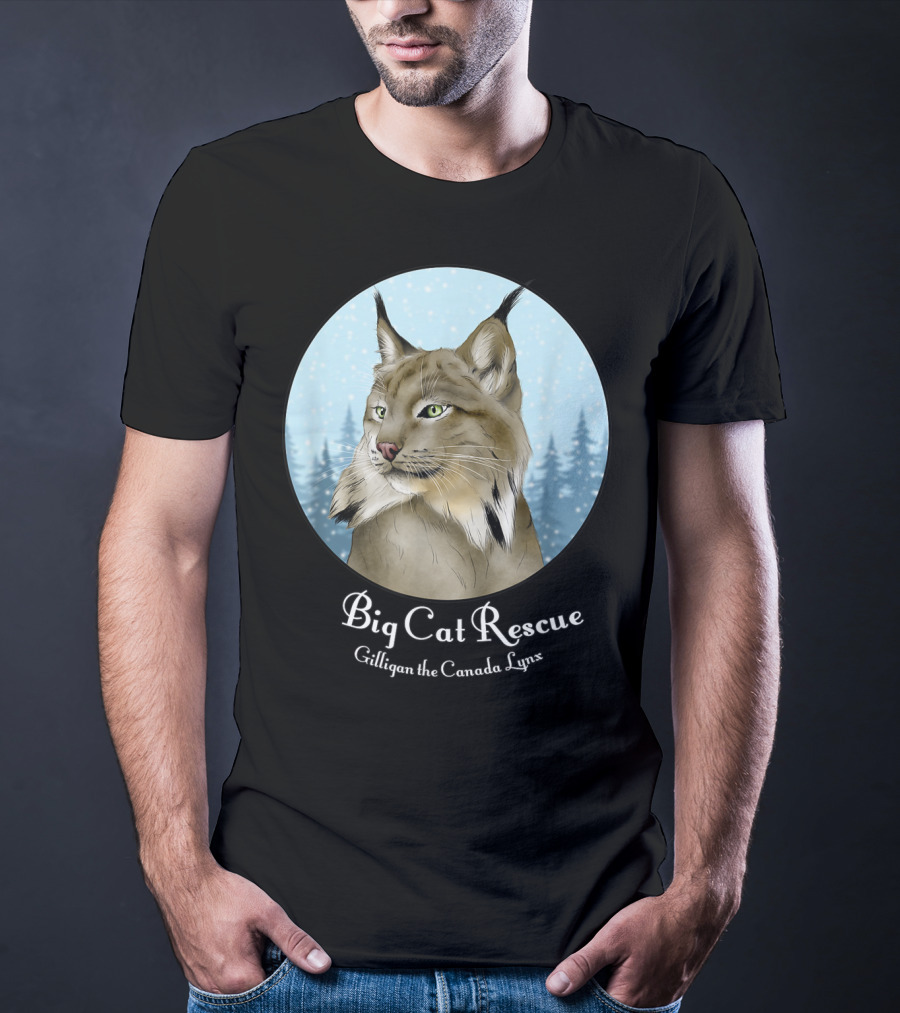Big Cat Rescue Gilligan The Canada Lynx Snowy Forest Background T-Shirt