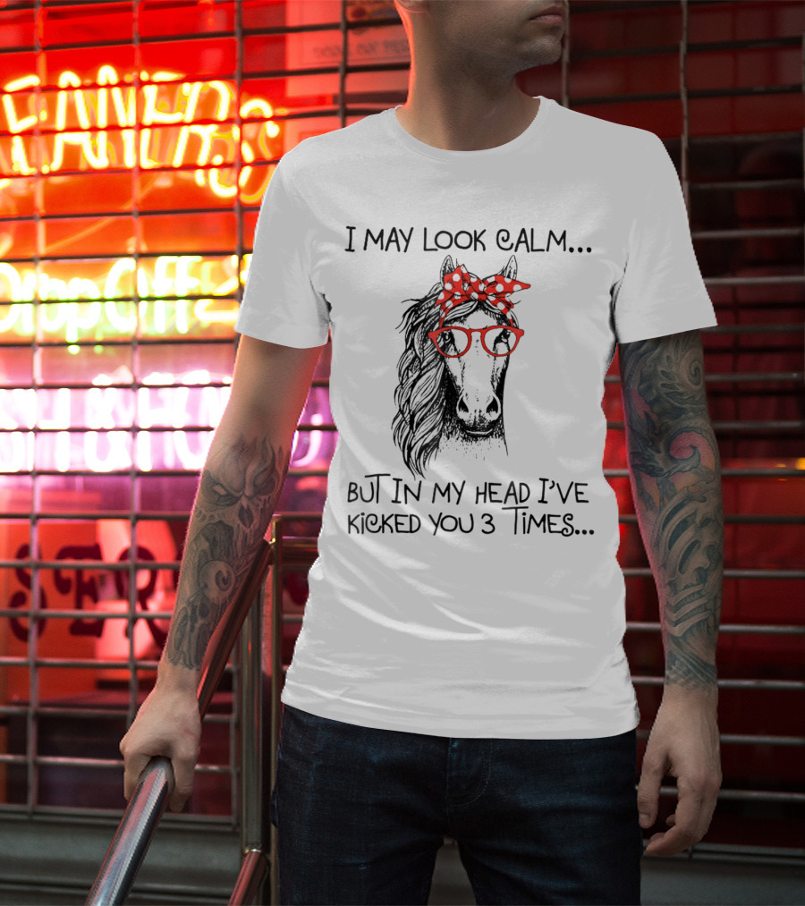 I May Look Calm But In My Head I've Kicked You 3 Times Horse With Red Glasses And Bandana T-Shirt