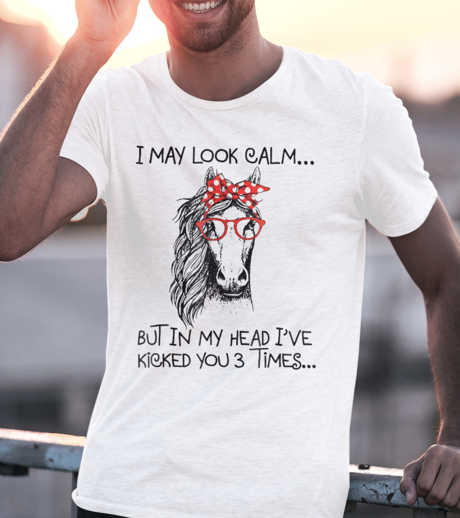 I May Look Calm But In My Head I've Kicked You 3 Times Horse With Red Glasses And Bandana T-Shirt