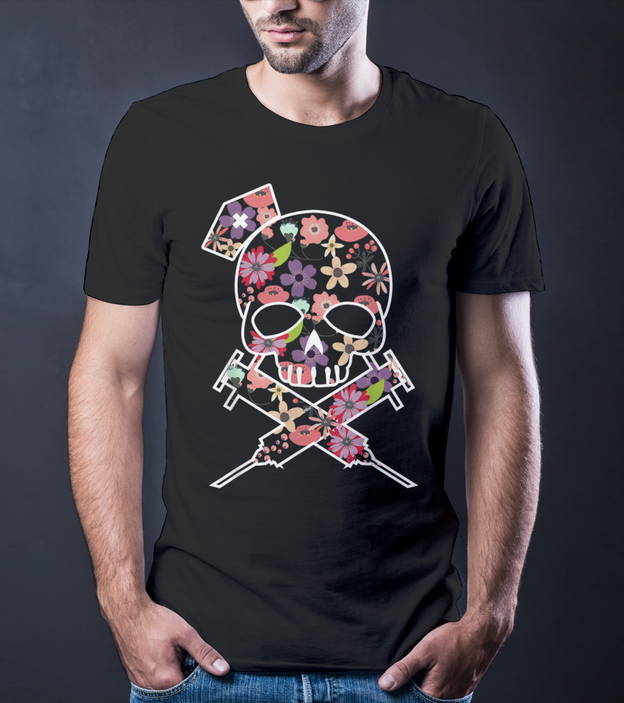 I'll Stab You Nurse Skull Medical Flowers T-Shirt