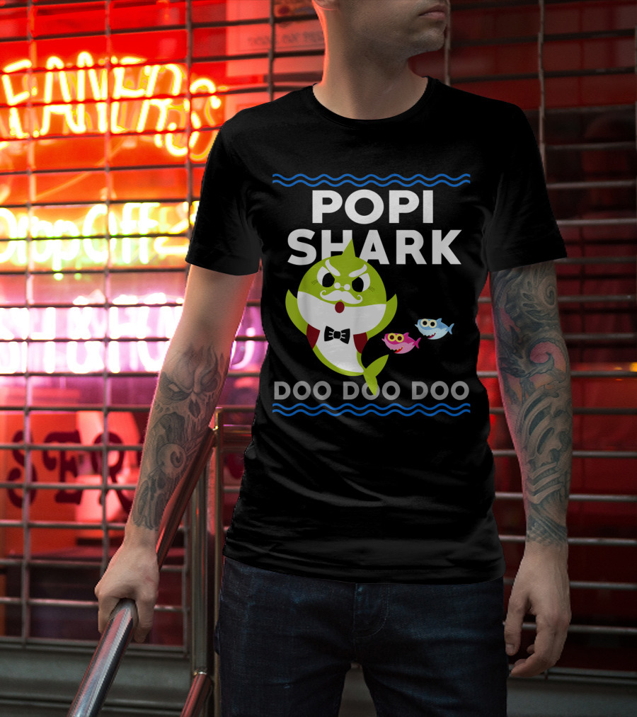 Popi Shark Doo Doo Doo Mustached Bowtie Shark With Cute Colorful Fish T-Shirt