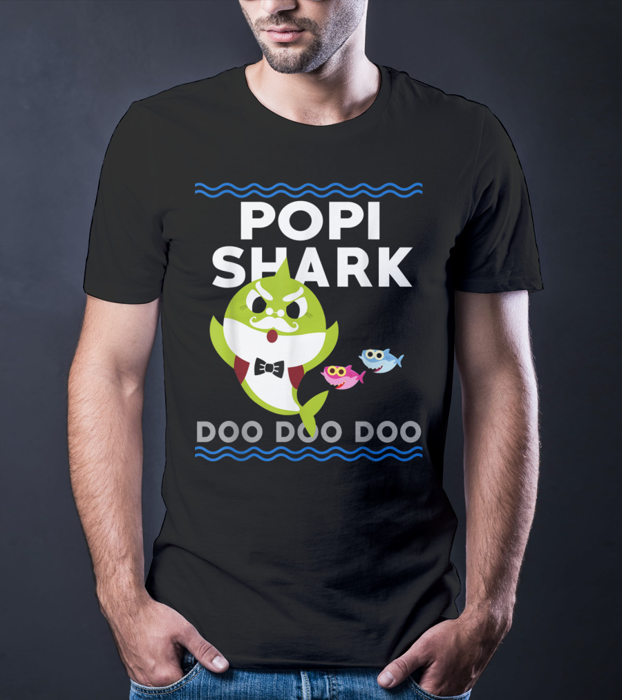 Popi Shark Doo Doo Doo Mustached Bowtie Shark With Cute Colorful Fish T-Shirt