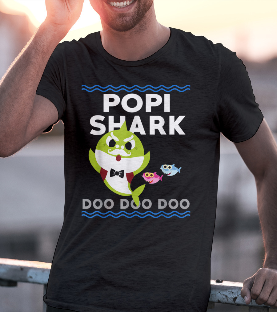 Popi Shark Doo Doo Doo Mustached Bowtie Shark With Cute Colorful Fish T-Shirt