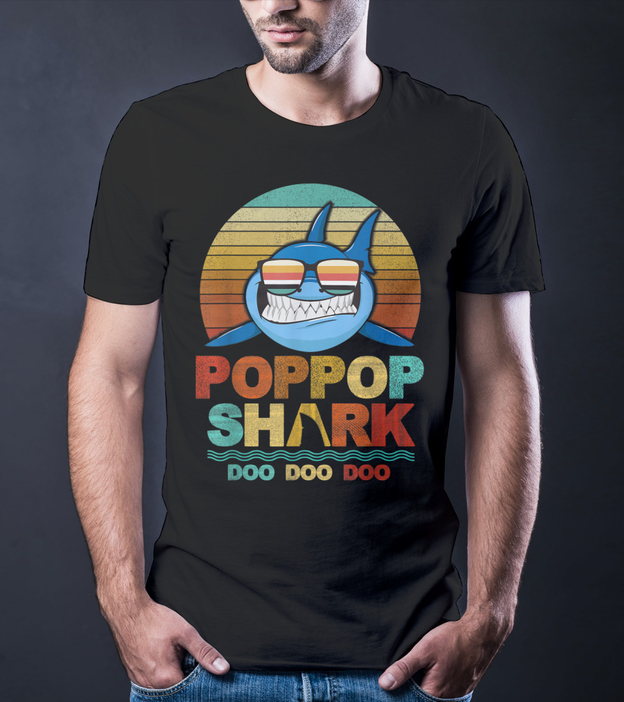 Poppop Shark Doo Doo Doo Retro Sunglasses Vintage Stripes T-Shirt
