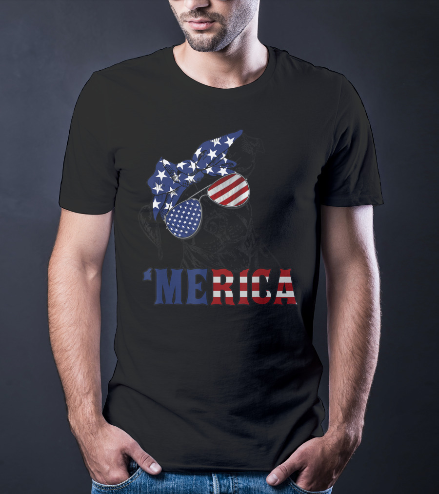 'Merica Patriotic Stars And Stripes Pitbull With USA Flag Glasses T-Shirt