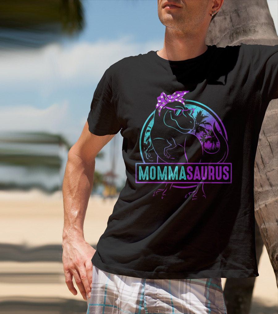 Mommasaurus Dinosaur With Bandana Sunglasses And Tropical Background T-Shirt