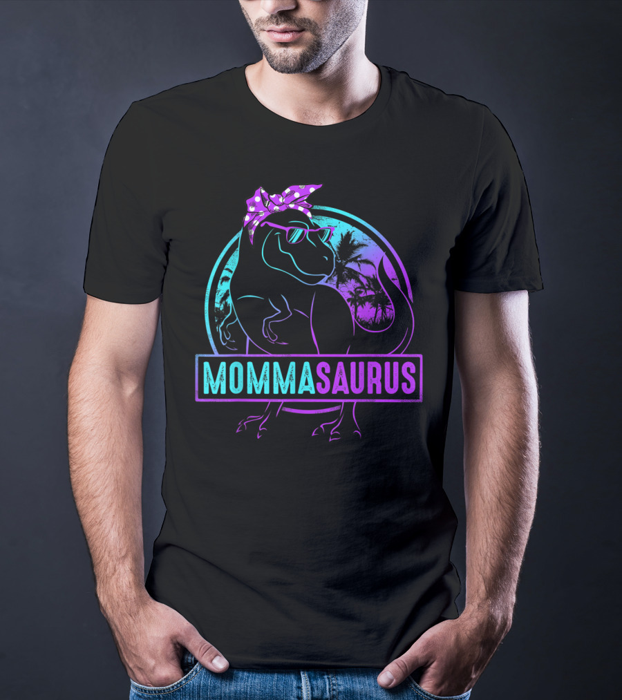 Mommasaurus Dinosaur With Bandana Sunglasses And Tropical Background T-Shirt