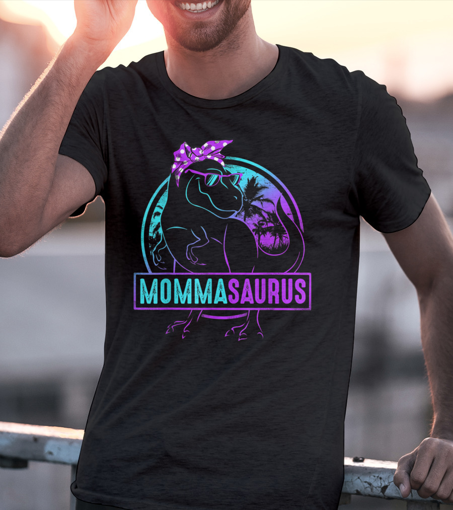 Mommasaurus Dinosaur With Bandana Sunglasses And Tropical Background T-Shirt