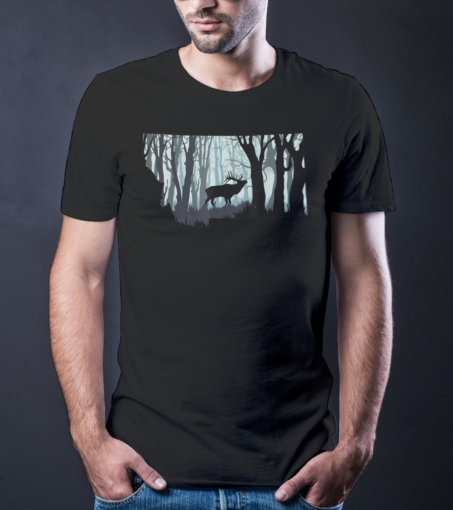 Montana Elk Hunting Silhouette In Forest T-Shirt