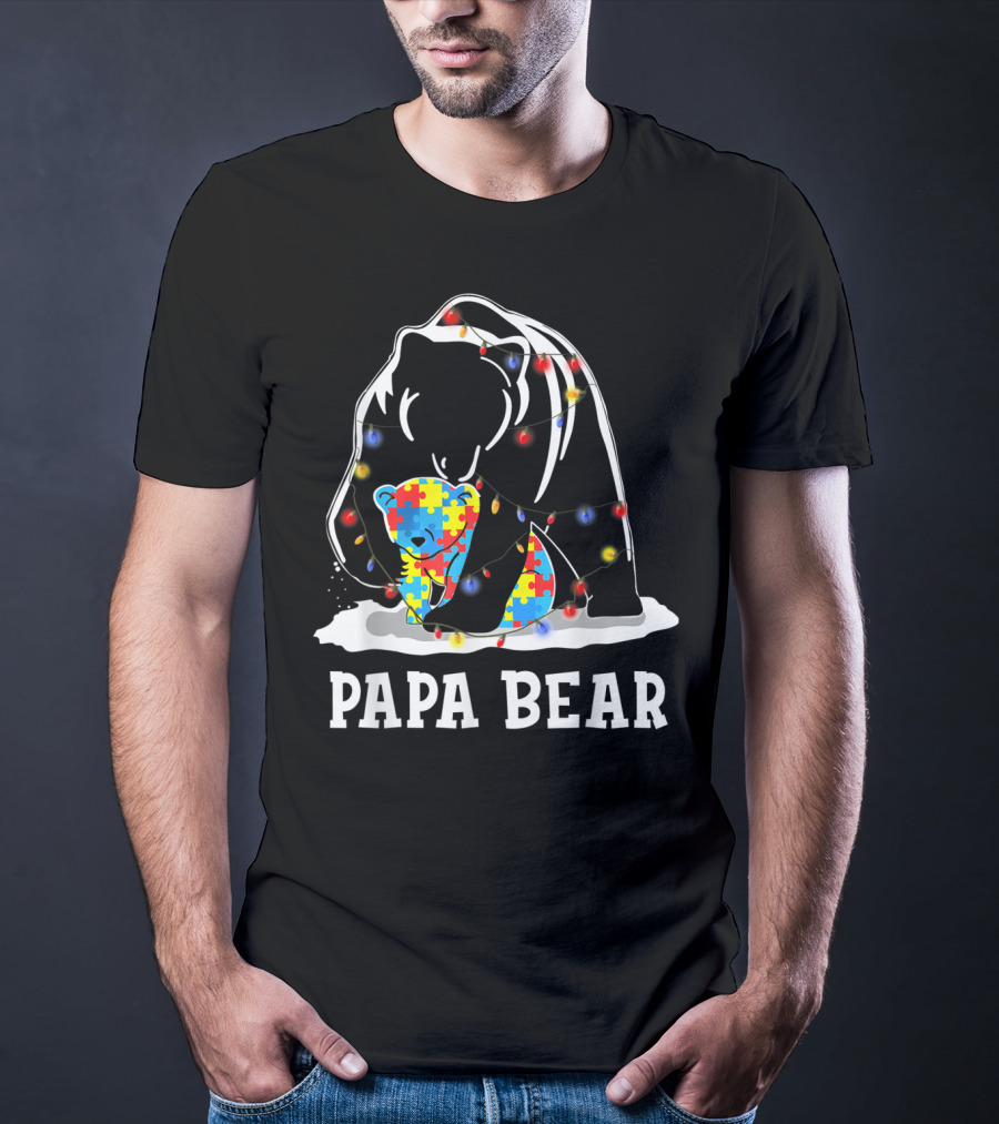 Papa Bear Autism Awareness Puzzle Piece Lights T-Shirt