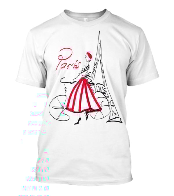 Paris Bicycle Woman With Eiffel Tower In Red Dress T-Shirt