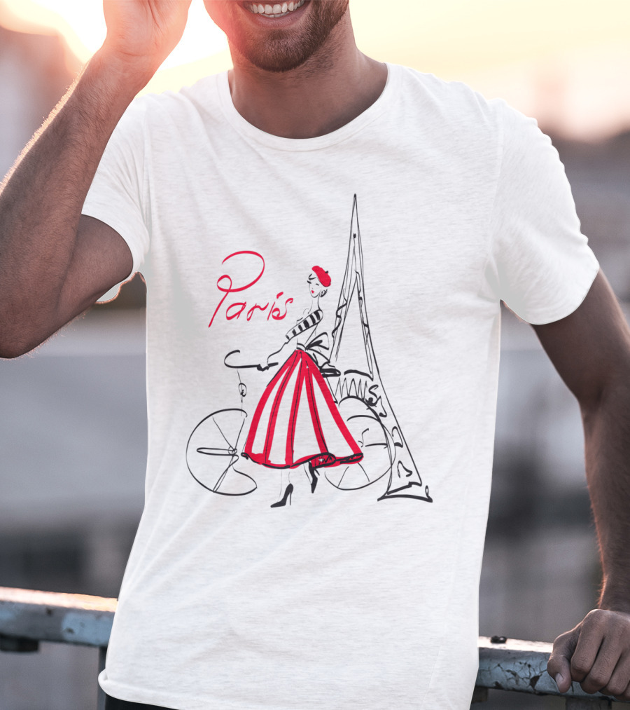 Paris Bicycle Woman With Eiffel Tower In Red Dress T-Shirt