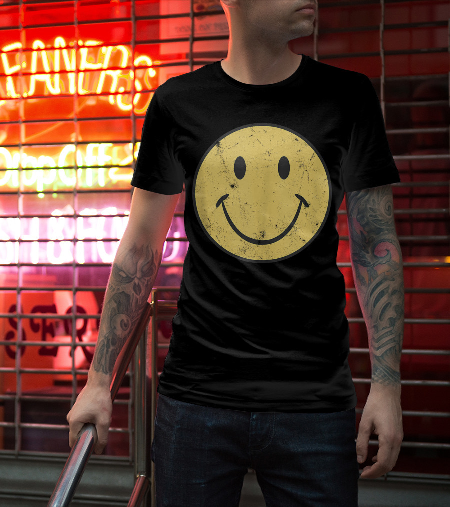 Retro 70s Smiley Face Distressed Yellow T-Shirt