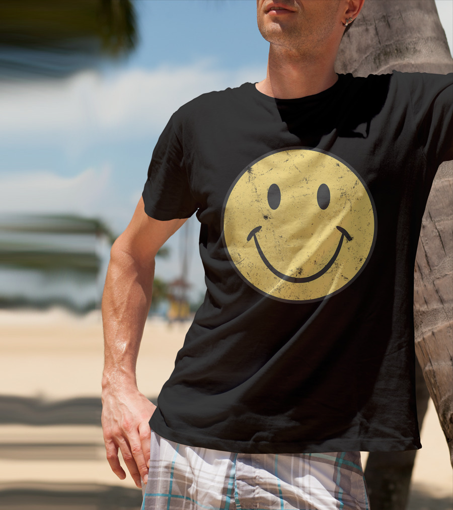 Retro 70s Smiley Face Distressed Yellow T-Shirt