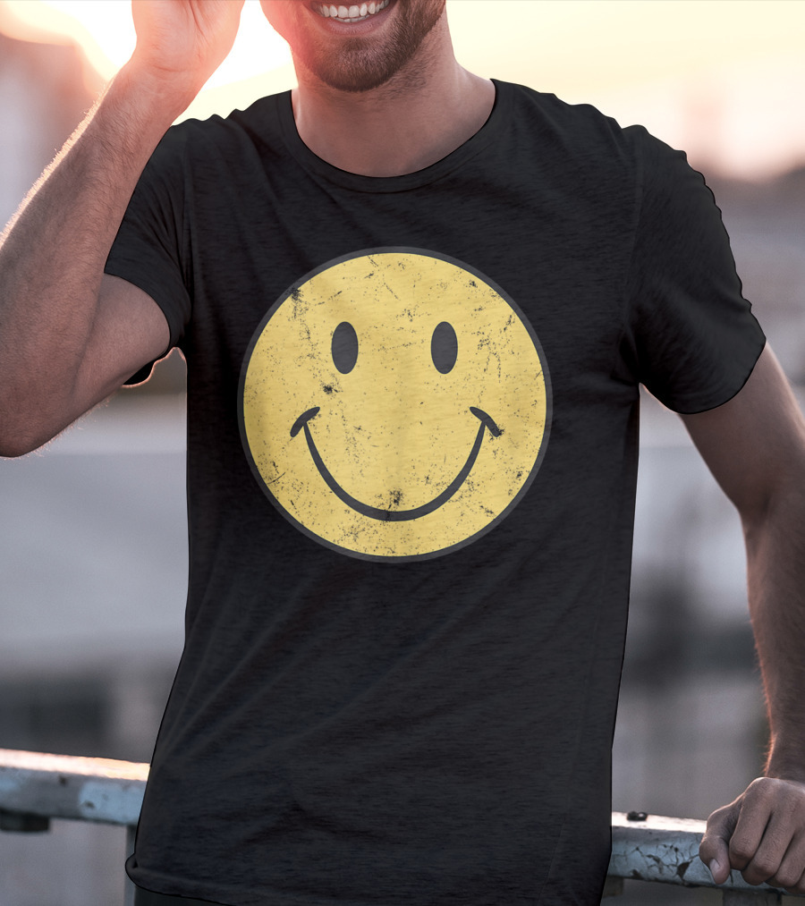 Retro 70s Smiley Face Distressed Yellow T-Shirt