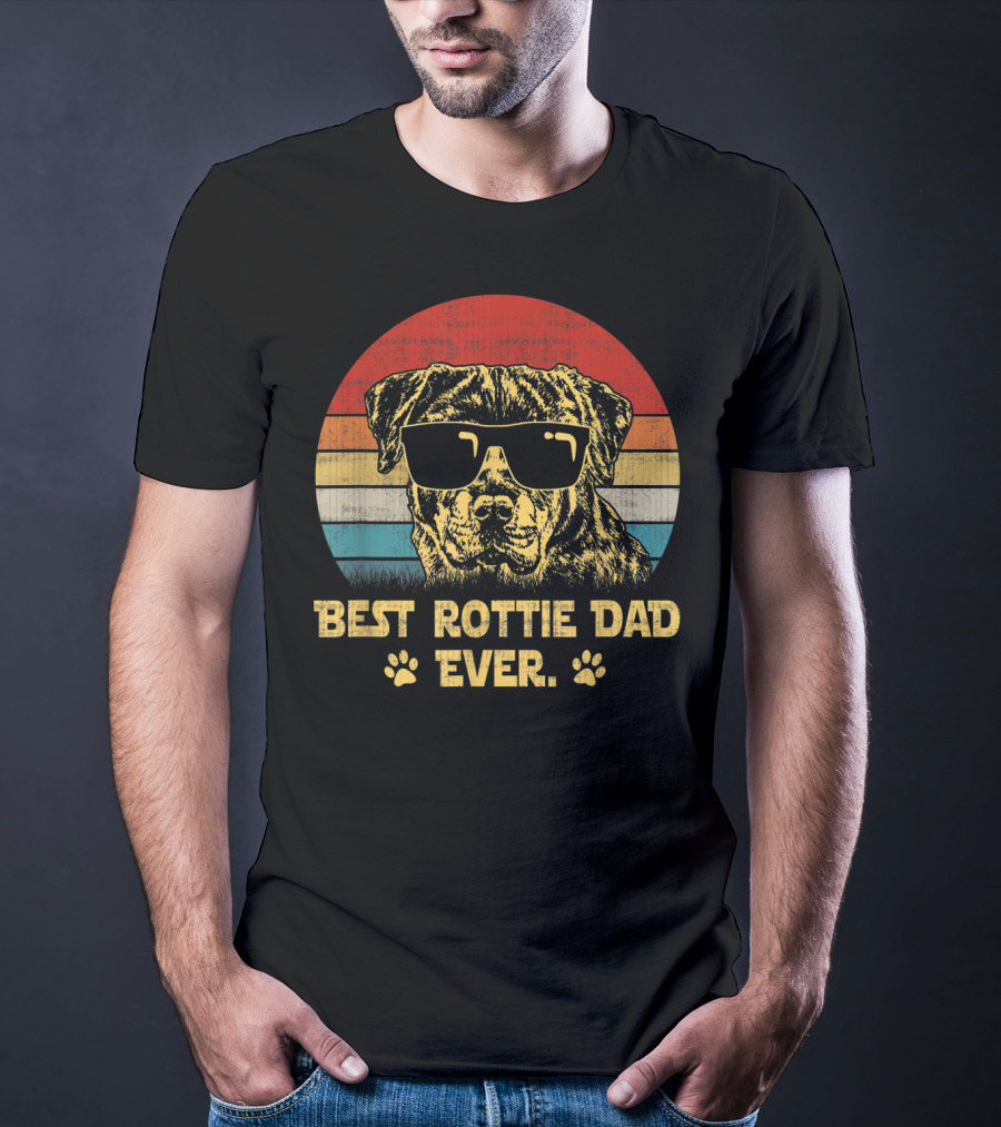 Retro Vintage Best Rottie Dad Ever Sunglasses Dog With Paw Prints T-Shirt