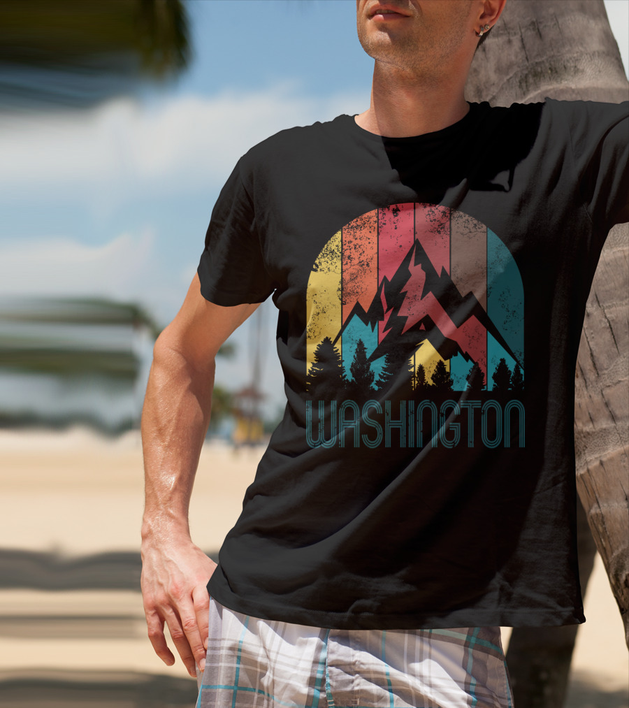Washington Retro Mountain Landscape Forest Silhouette Vintage Multicolor Stripes T-Shirt
