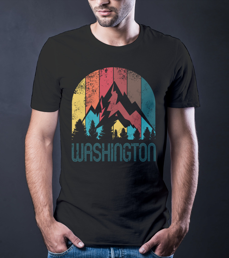 Washington Retro Mountain Landscape Forest Silhouette Vintage Multicolor Stripes T-Shirt