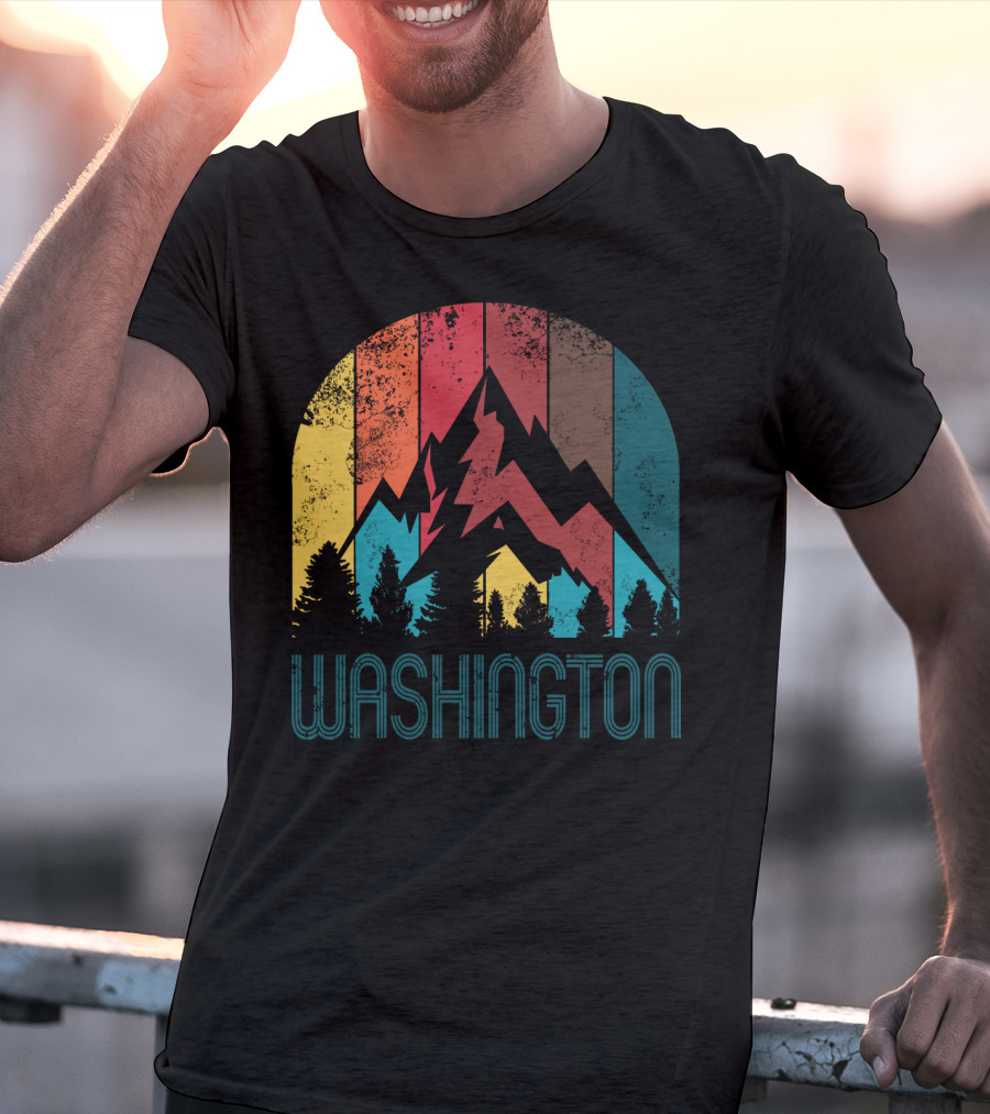 Washington Retro Mountain Landscape Forest Silhouette Vintage Multicolor Stripes T-Shirt