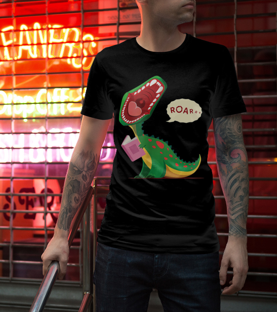 Roar Trex Dinosaur Holding Pink Book And Heart Inside Mouth T-Shirt