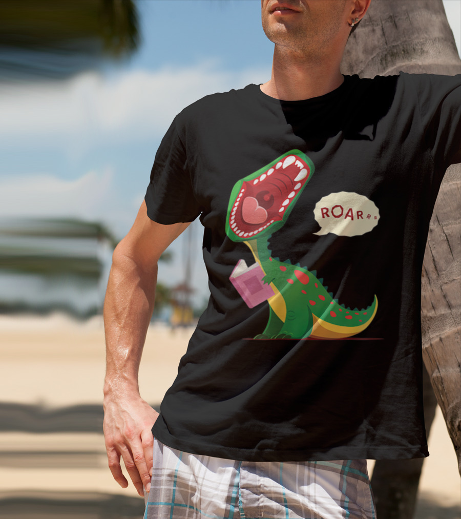 Roar Trex Dinosaur Holding Pink Book And Heart Inside Mouth T-Shirt