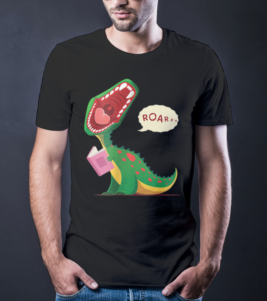 Roar Trex Dinosaur Holding Pink Book And Heart Inside Mouth T-Shirt
