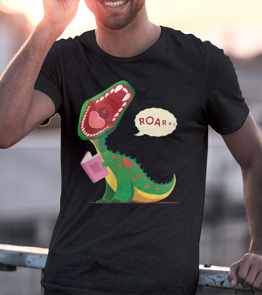 Roar Trex Dinosaur Holding Pink Book And Heart Inside Mouth T-Shirt