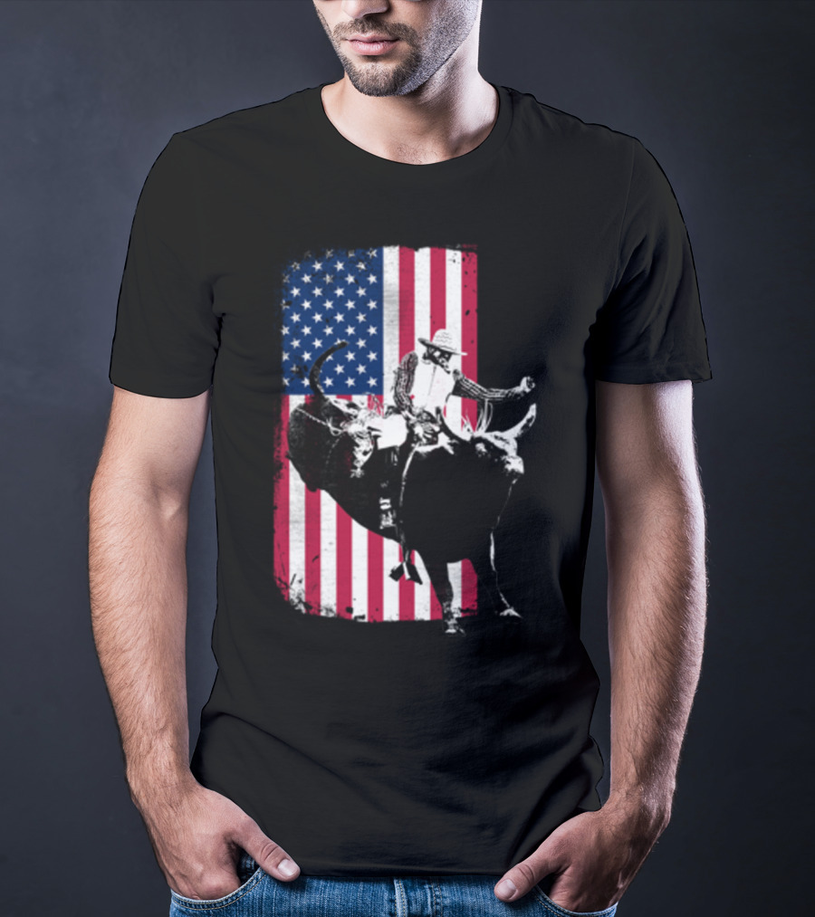 Rodeo Bull Rider American Flag Cowboy Patriot T-Shirt