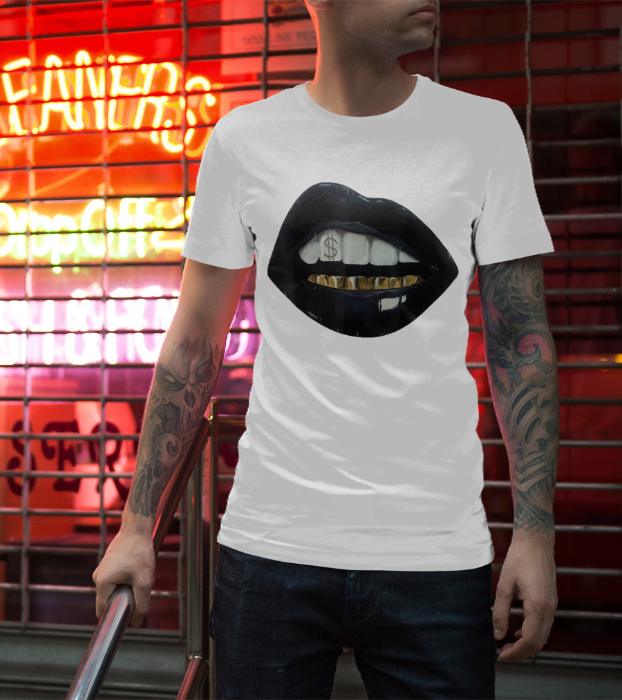 Red Black Lips Gold Teeth Dollar Smile T-Shirt