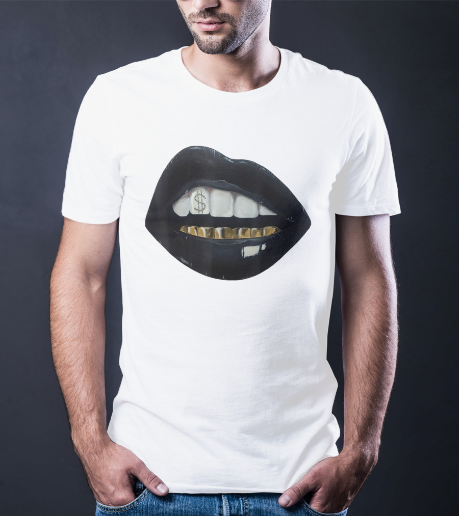 Red Black Lips Gold Teeth Dollar Smile T-Shirt
