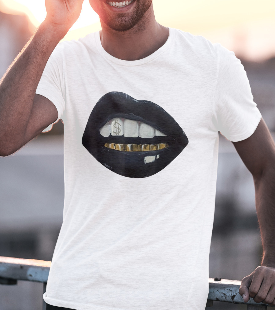 Red Black Lips Gold Teeth Dollar Smile T-Shirt