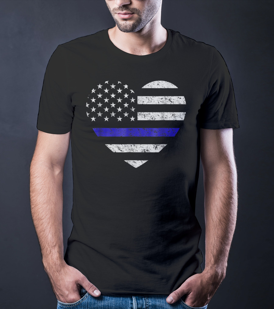 Thin Blue Line American Flag Heart Police Support T-Shirt