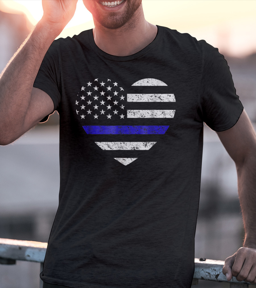 Thin Blue Line American Flag Heart Police Support T-Shirt