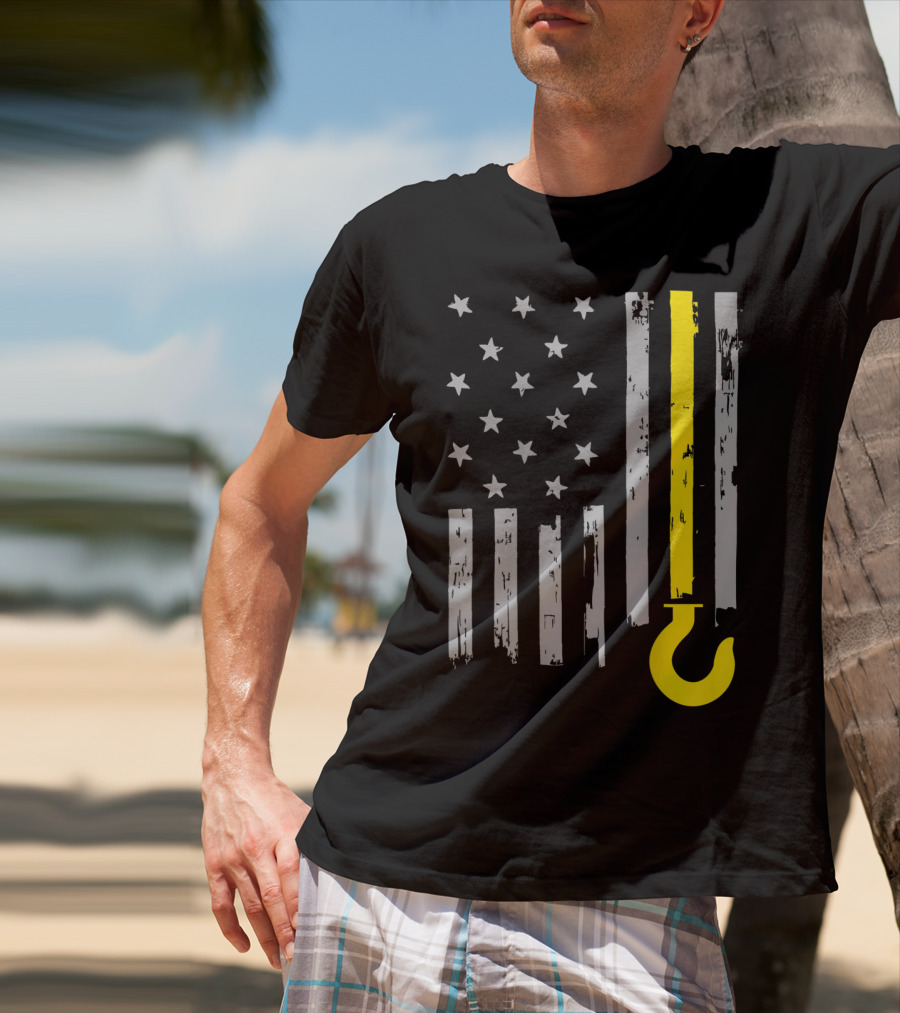 Tow Truck Driver American Flag Yellow Line Hook T-Shirt