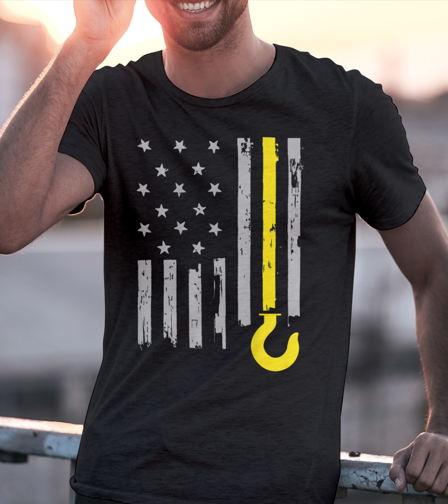 Tow Truck Driver American Flag Yellow Line Hook T-Shirt