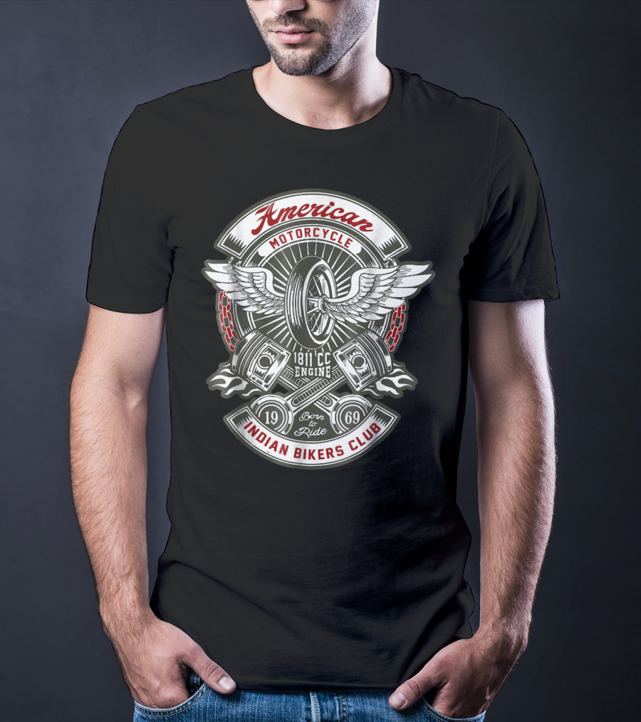 American Motorcycle Indian Bikers Club 1811 CC Engine Born To Ride 1969 T-Shirt