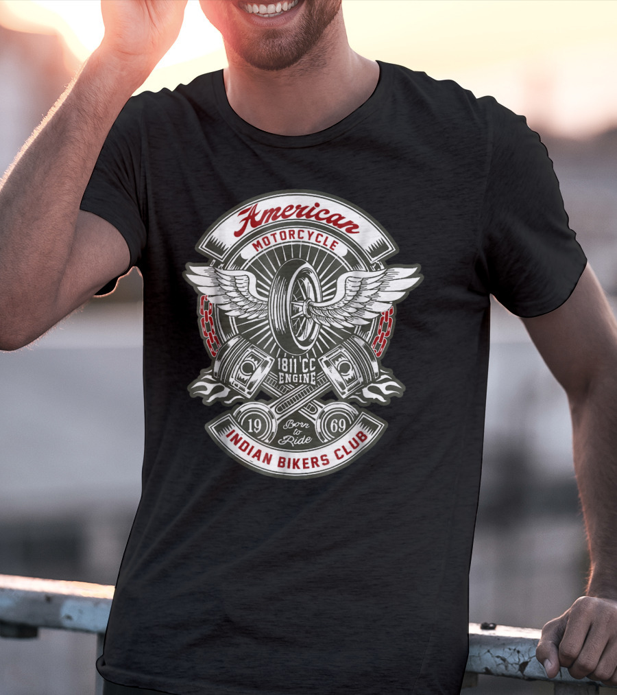 American Motorcycle Indian Bikers Club 1811 CC Engine Born To Ride 1969 T-Shirt
