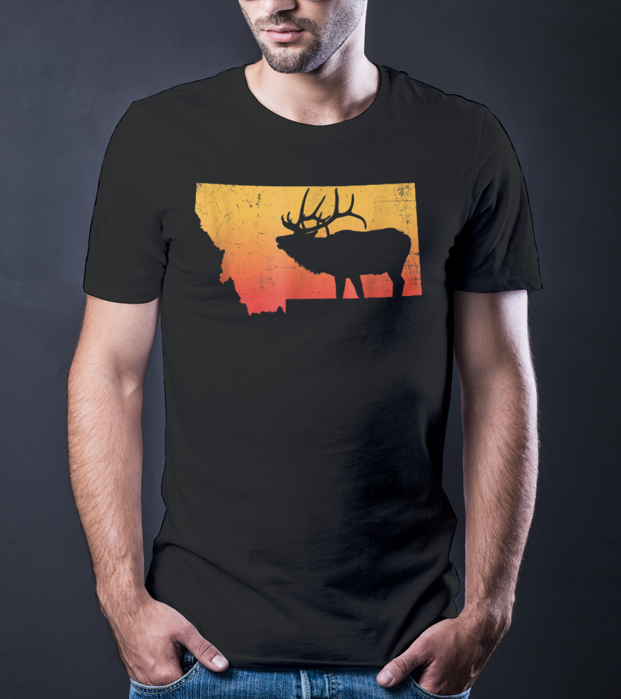 Montana Elk Silhouette Vintage Outdoors Sunset Scene T-Shirt