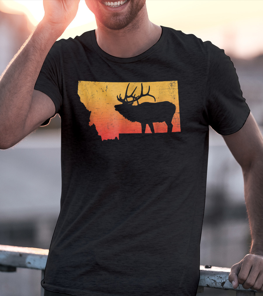 Montana Elk Silhouette Vintage Outdoors Sunset Scene T-Shirt
